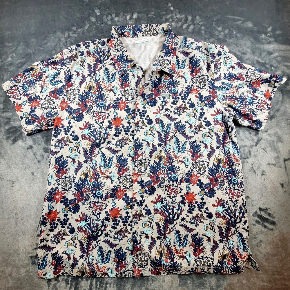 Columbia PFG Shirt Men XL‎ Red Blue Fish Print PFG Performance Beach